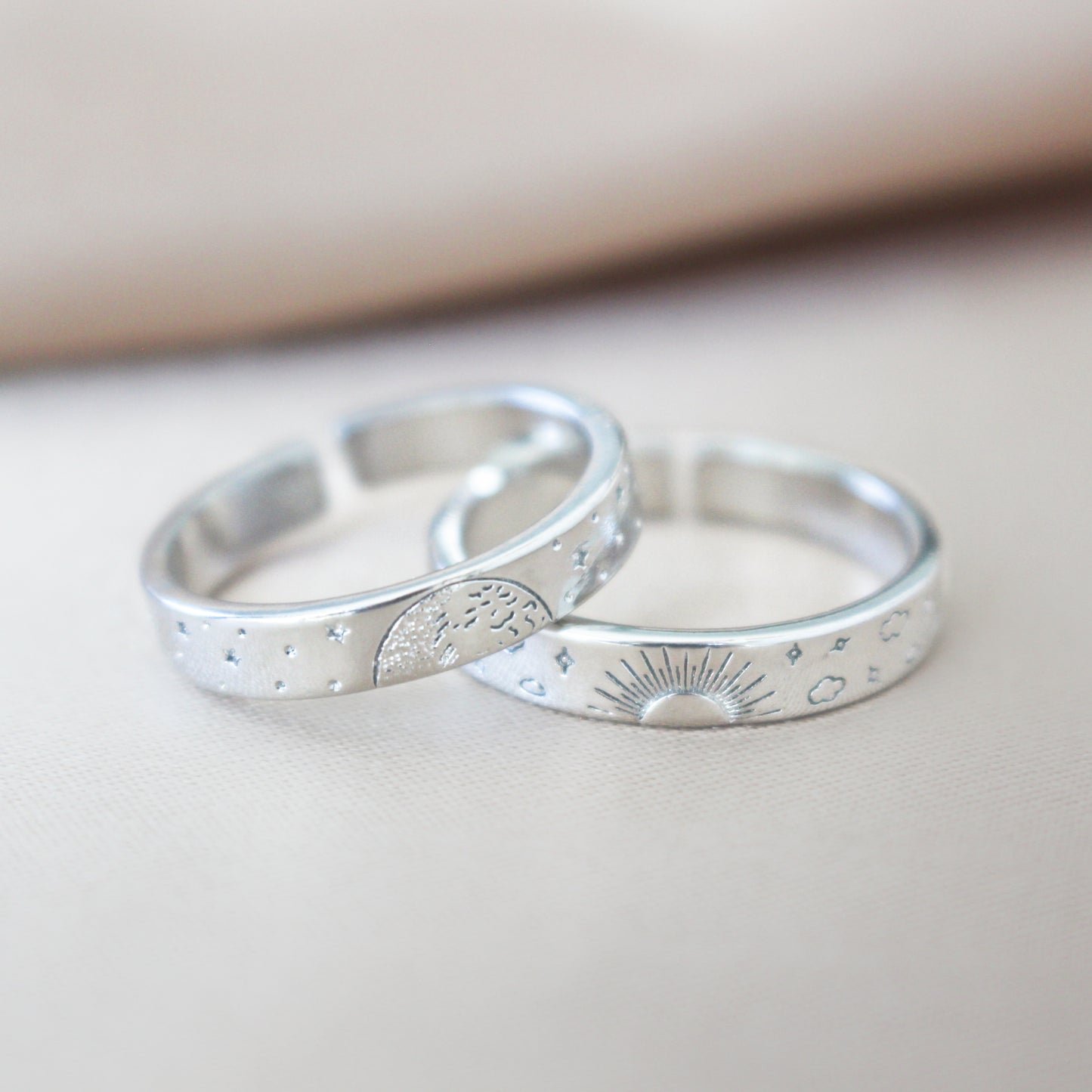 Sun Moon Star Couple Ring β Set of 2 band rings copper gold or silver β Engraved sun moon stars