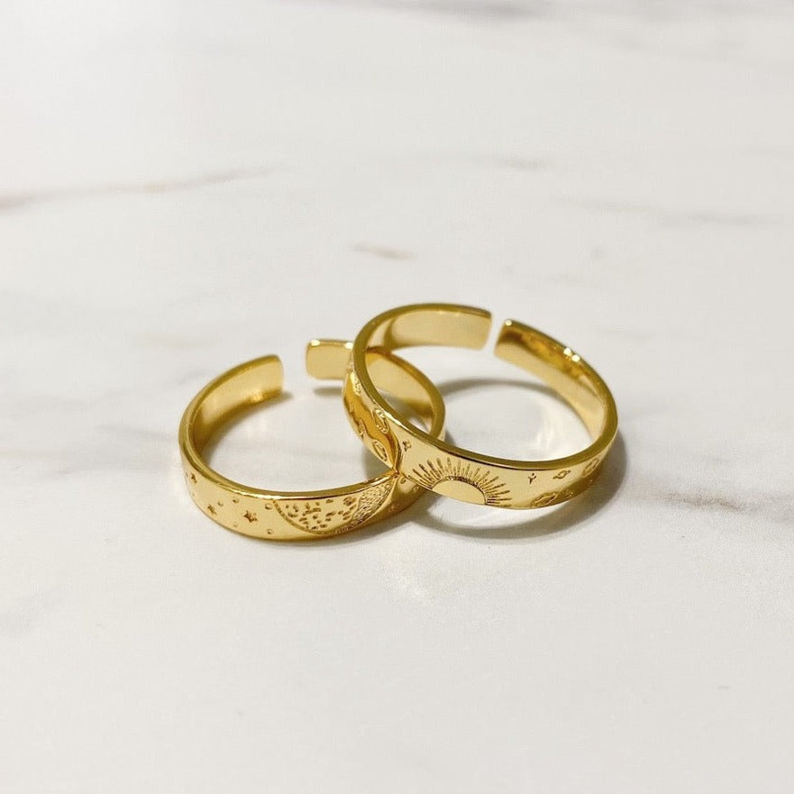 Sun Moon Star Couple Ring β Set of 2 band rings copper gold or silver β Engraved sun moon stars