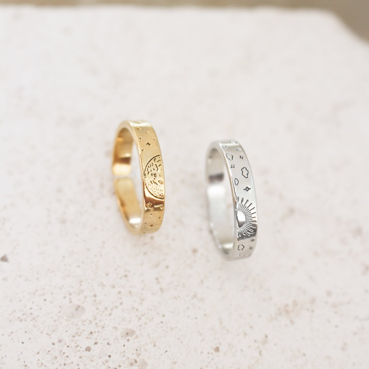 Sun Moon Star Couple Ring β Set of 2 band rings copper gold or silver β Engraved sun moon stars