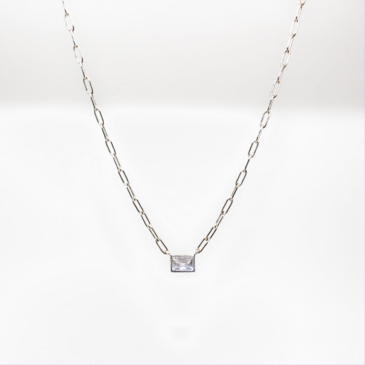 Collier Zircon carré rectangulaire en argent sterling S925 | Chaîne de trombone