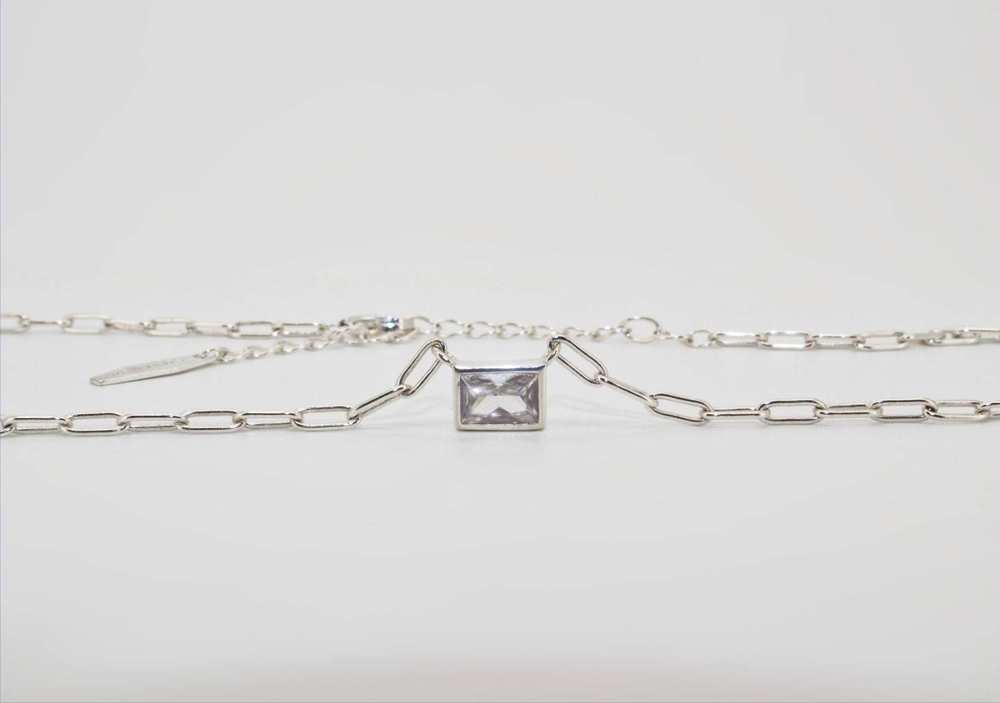 Collier Zircon carré rectangulaire en argent sterling S925 | Chaîne de trombone