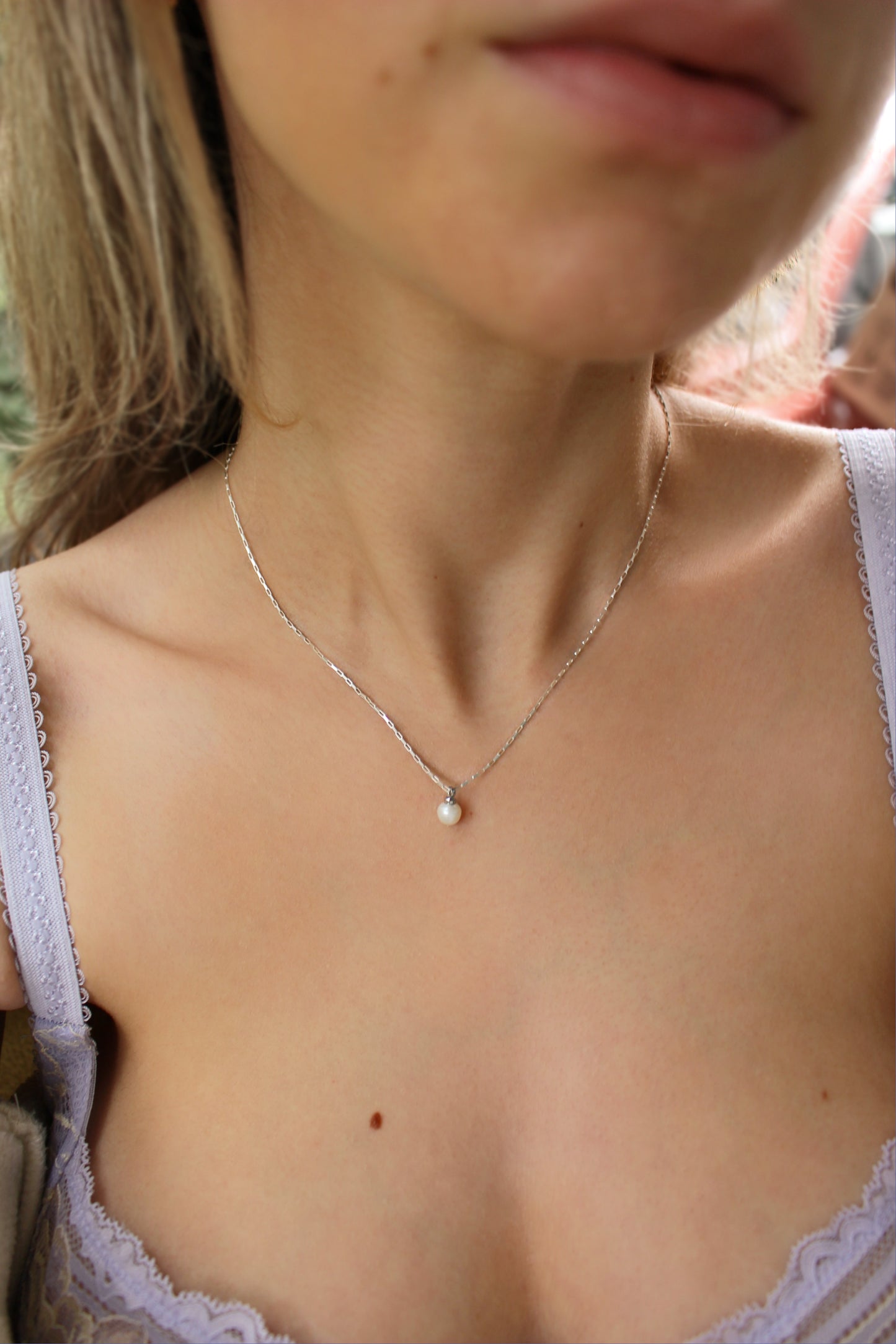JUNE - Silver Pearl Drop Necklace ∙ Pearl Dangle Chain ∙ Tiny Box Chain ∙ Wedding Pearl Layering