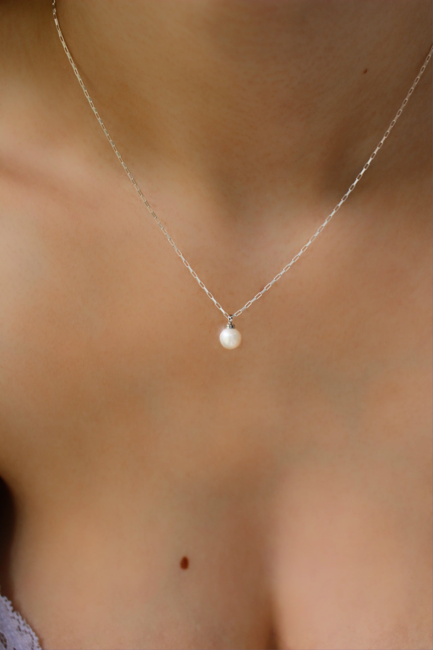 JUNE - Silver Pearl Drop Necklace ∙ Pearl Dangle Chain ∙ Tiny Box Chain ∙ Wedding Pearl Layering