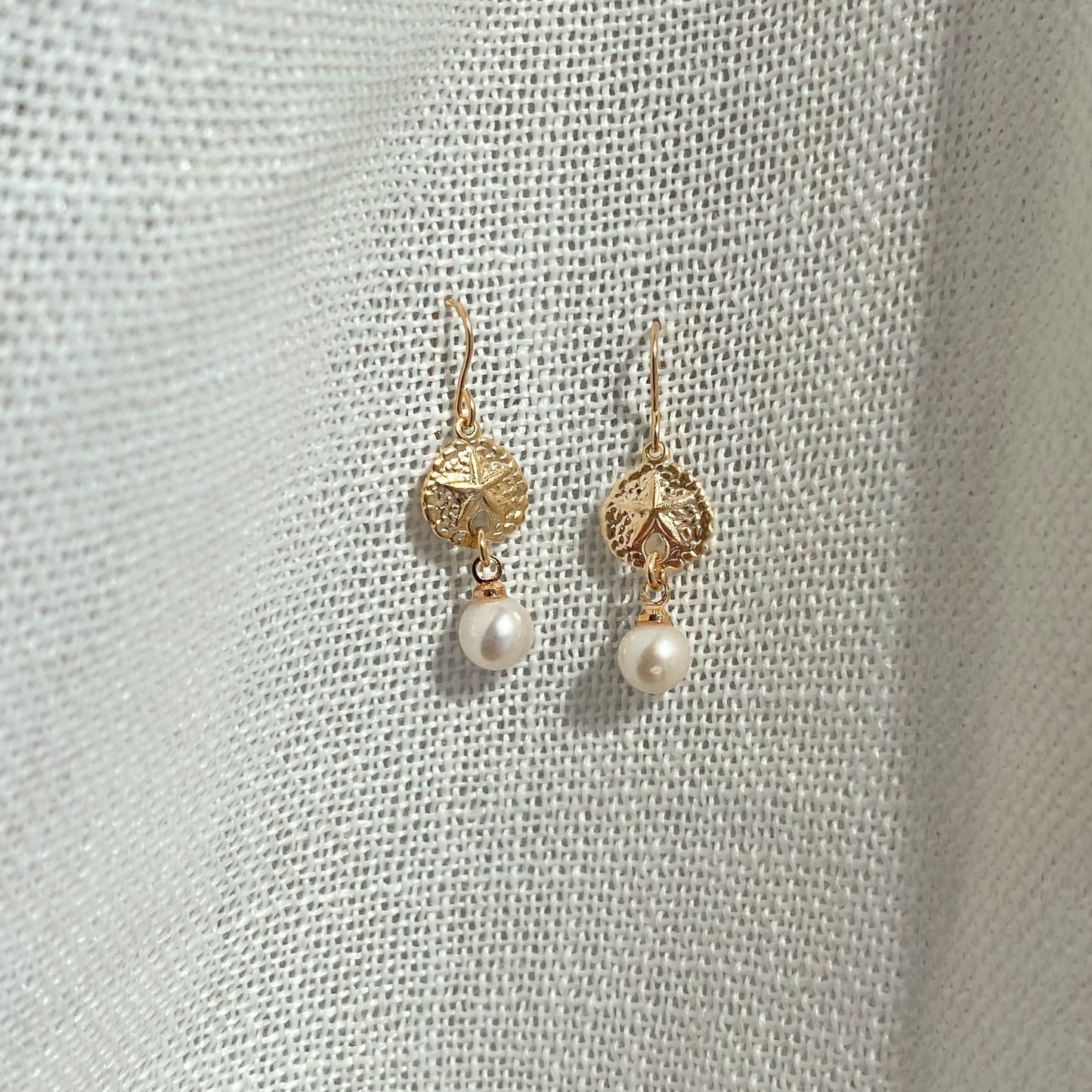 Gold Filled Shell Pearls Earrings ∙ Sand Dollar Charms ∙ Dangle Earrings ∙ Waterproof