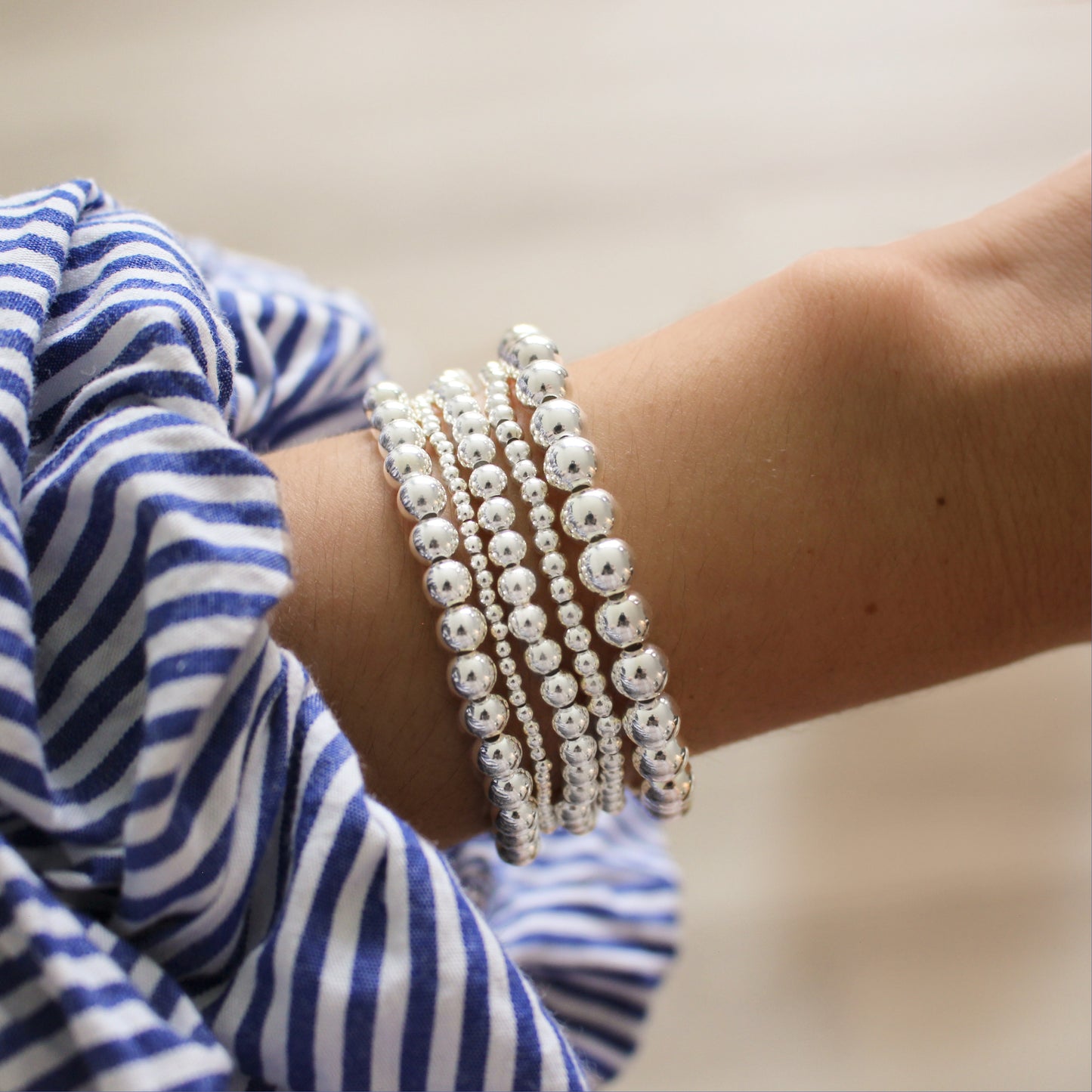925 Sterling Silver Beaded Bracelets for Women ∙ Stretchy Ball Bracelet