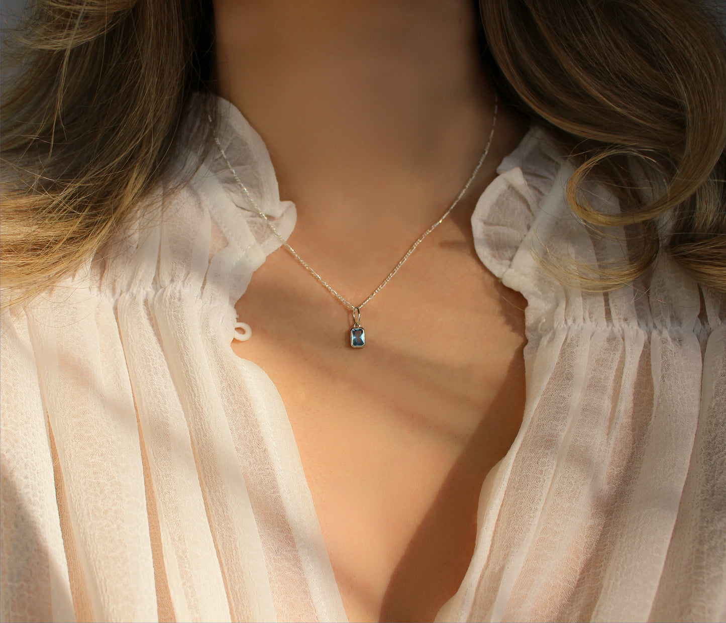 925 Sterling Silver Blue Zircon Necklace in 925 Sterling Silver∙ Aquamarine Charm