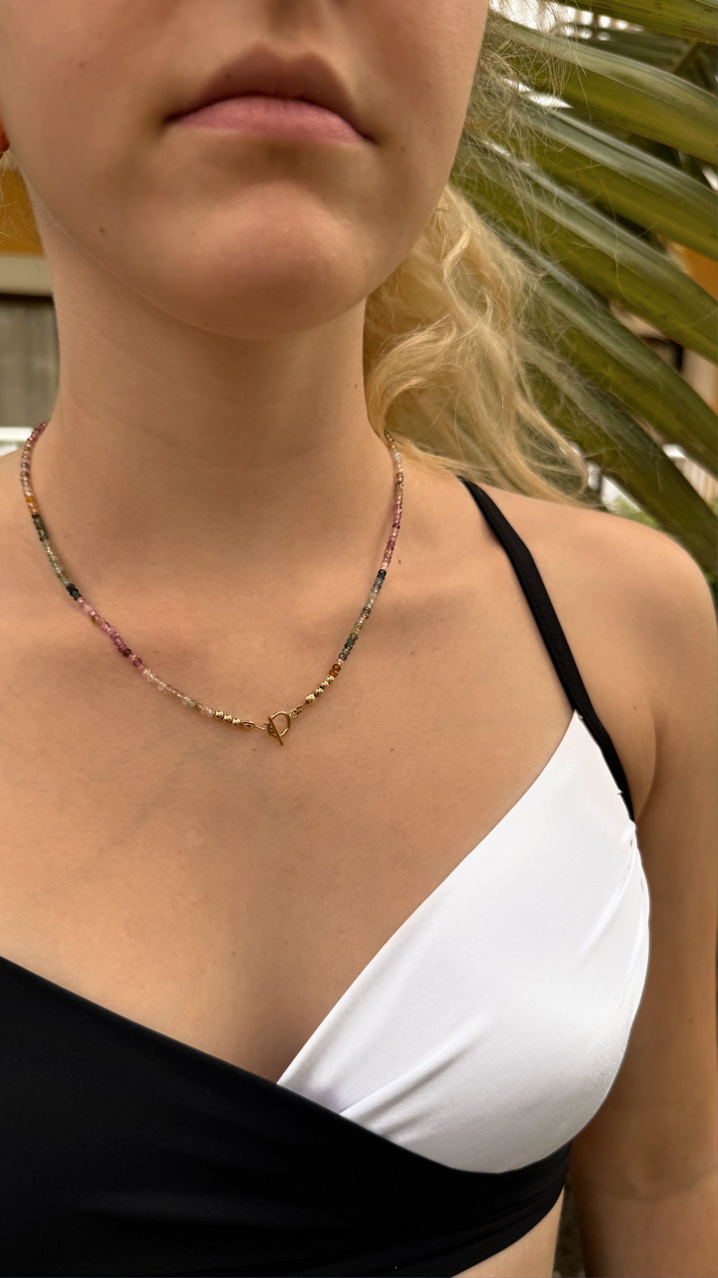 Pink Green Tourmaline Beaded Necklace with 14k Gold Filled Toggle Clasp