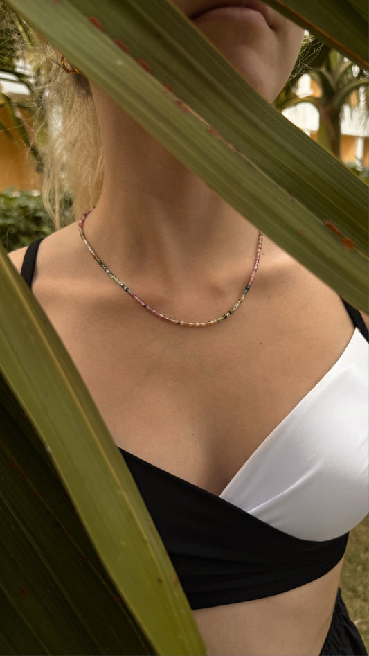 Pink Green Tourmaline Beaded Necklace with 14k Gold Filled Toggle Clasp