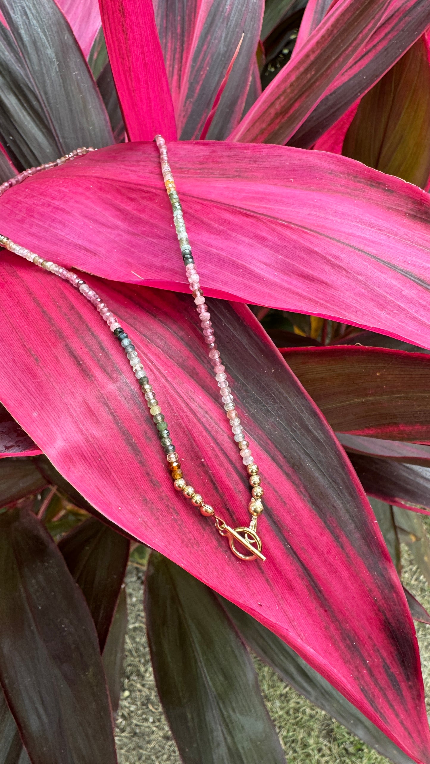 Pink Green Tourmaline Beaded Necklace with 14k Gold Filled Toggle Clasp