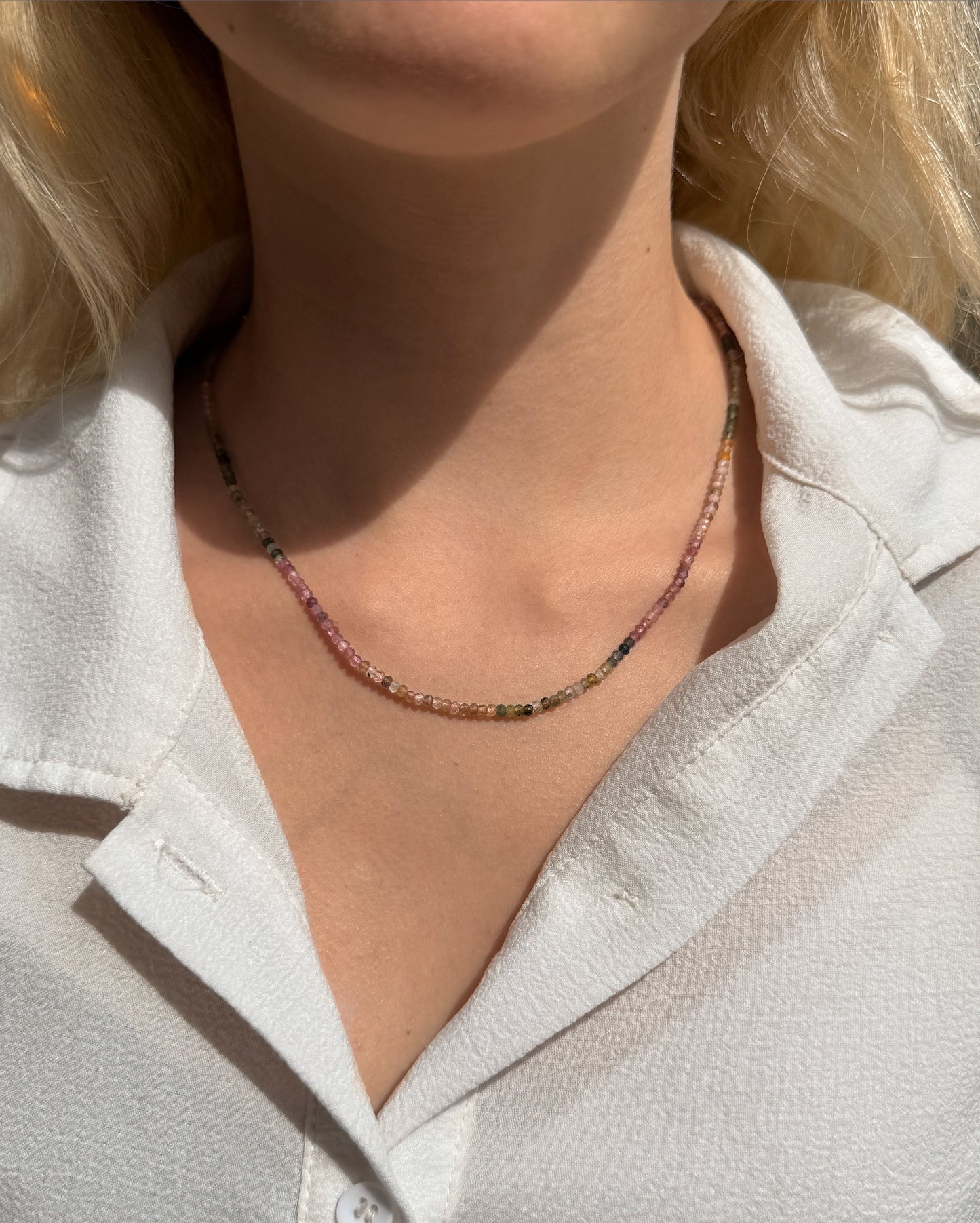 Pink Green Tourmaline Beaded Necklace with 14k Gold Filled Toggle Clasp