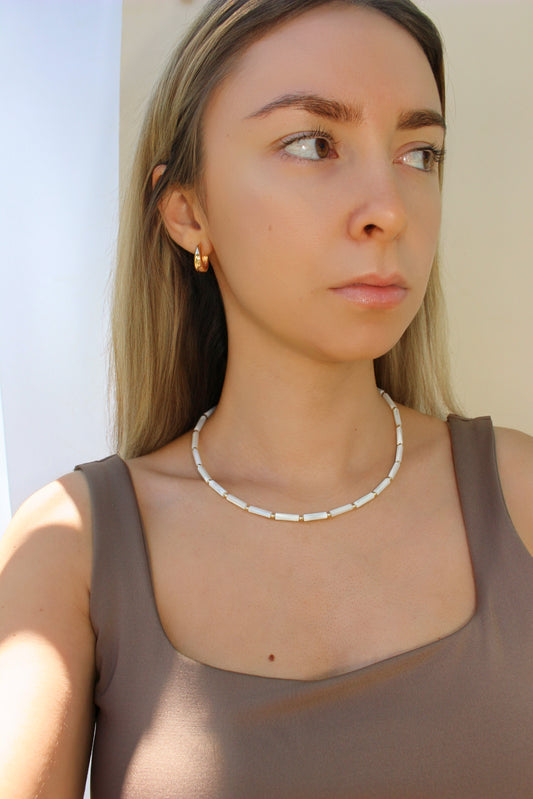 Natural Shell Beaded Necklace in 14k Gold Filled For Women · Gold Strand Necklace White Gem