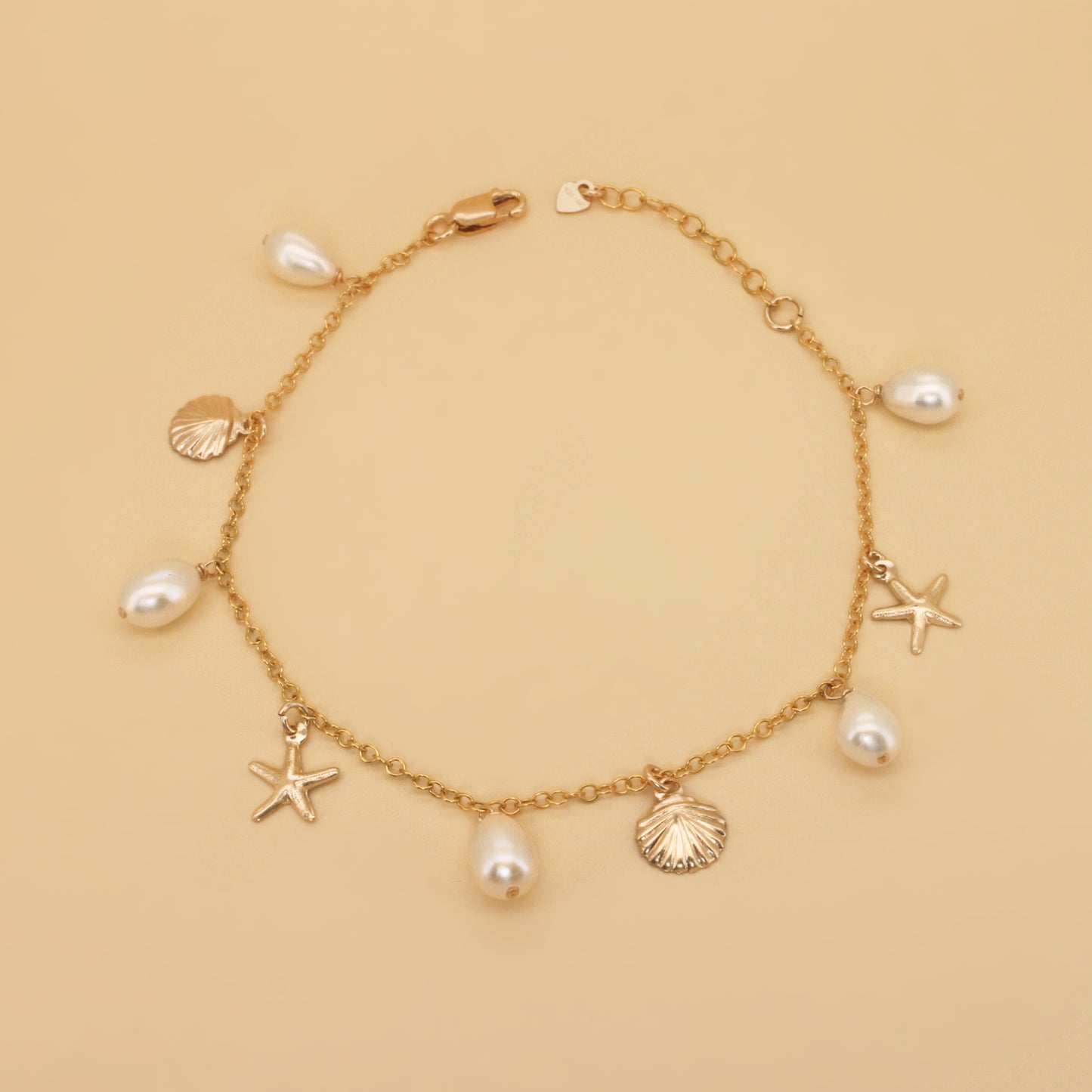 14K Gold Filled Bracelet Freshwater Dangling Pearl and Shell Charms