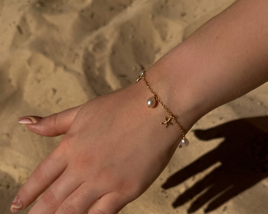 14K Gold Filled Bracelet Freshwater Dangling Pearl and Shell Charms