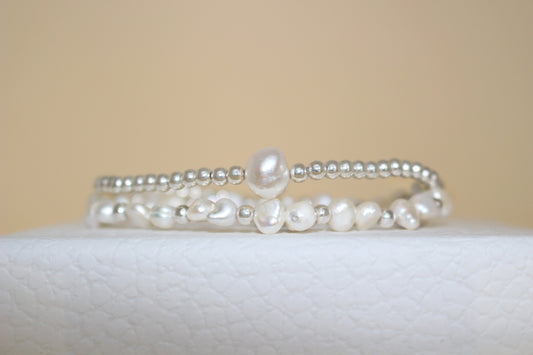 Elegant 925 Sterling Silver Beaded Bracelet with Natural Freshwater Baroque Pearls
