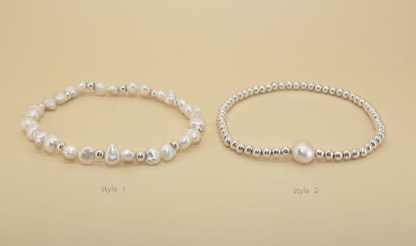 Elegant 925 Sterling Silver Beaded Bracelet with Natural Freshwater Baroque Pearls