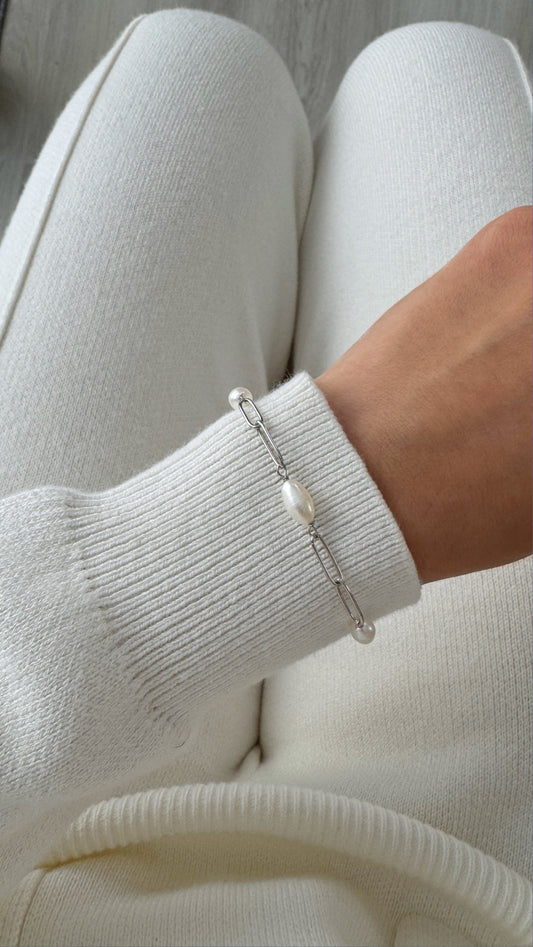 Paperclip Pearl Bracelet in 925 Sterling Silver 14K Gold