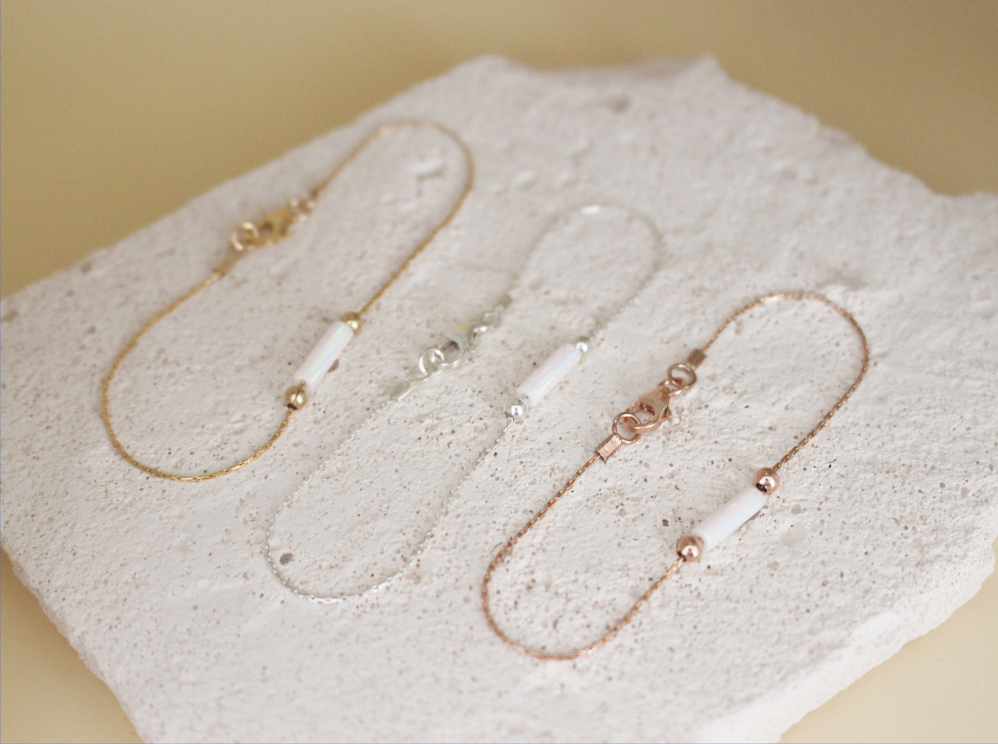 Minimalist White Opal Tube Bracelet On A Dainty Snake Chain