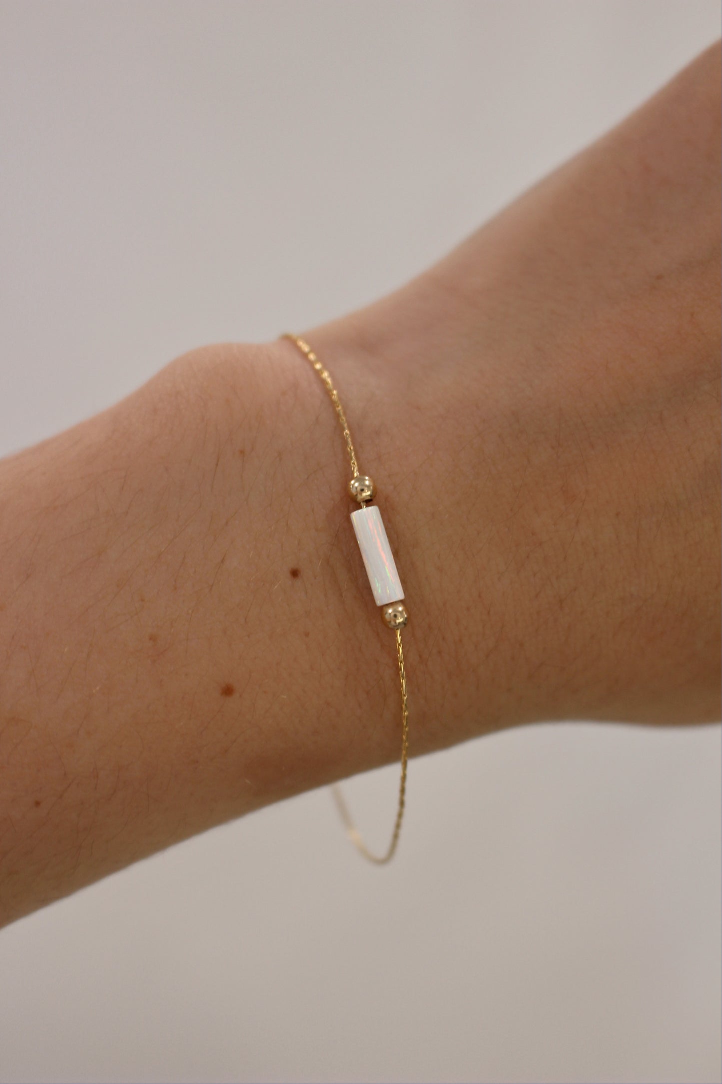 Minimalist White Opal Tube Bracelet On A Dainty Snake Chain