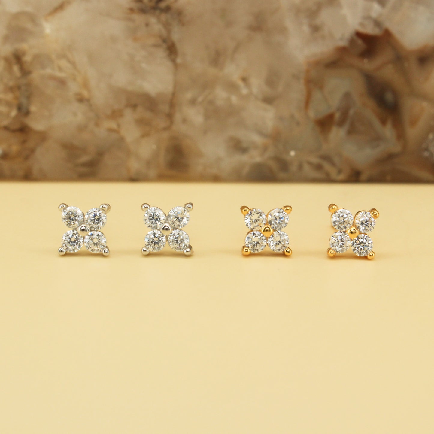 Minimalist Flower Diamond Studs Earrings in 925 Sterling Silver