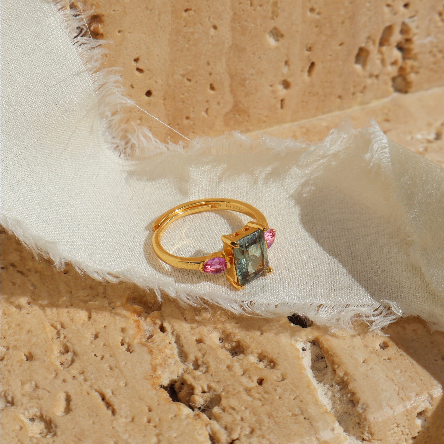 AUDREY - 18K Gold Vermeil AAAAA Green Emerald Cut and Pink Ring