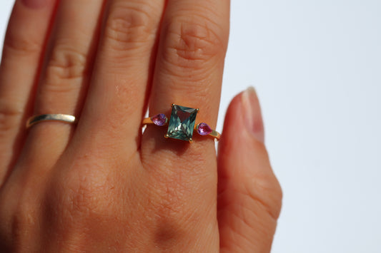 AUDREY - 18K Gold Vermeil AAAAA Green Emerald Cut and Pink Ring