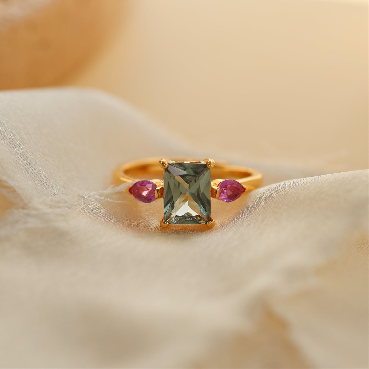 AUDREY - 18K Gold Vermeil AAAAA Green Emerald Cut and Pink Ring