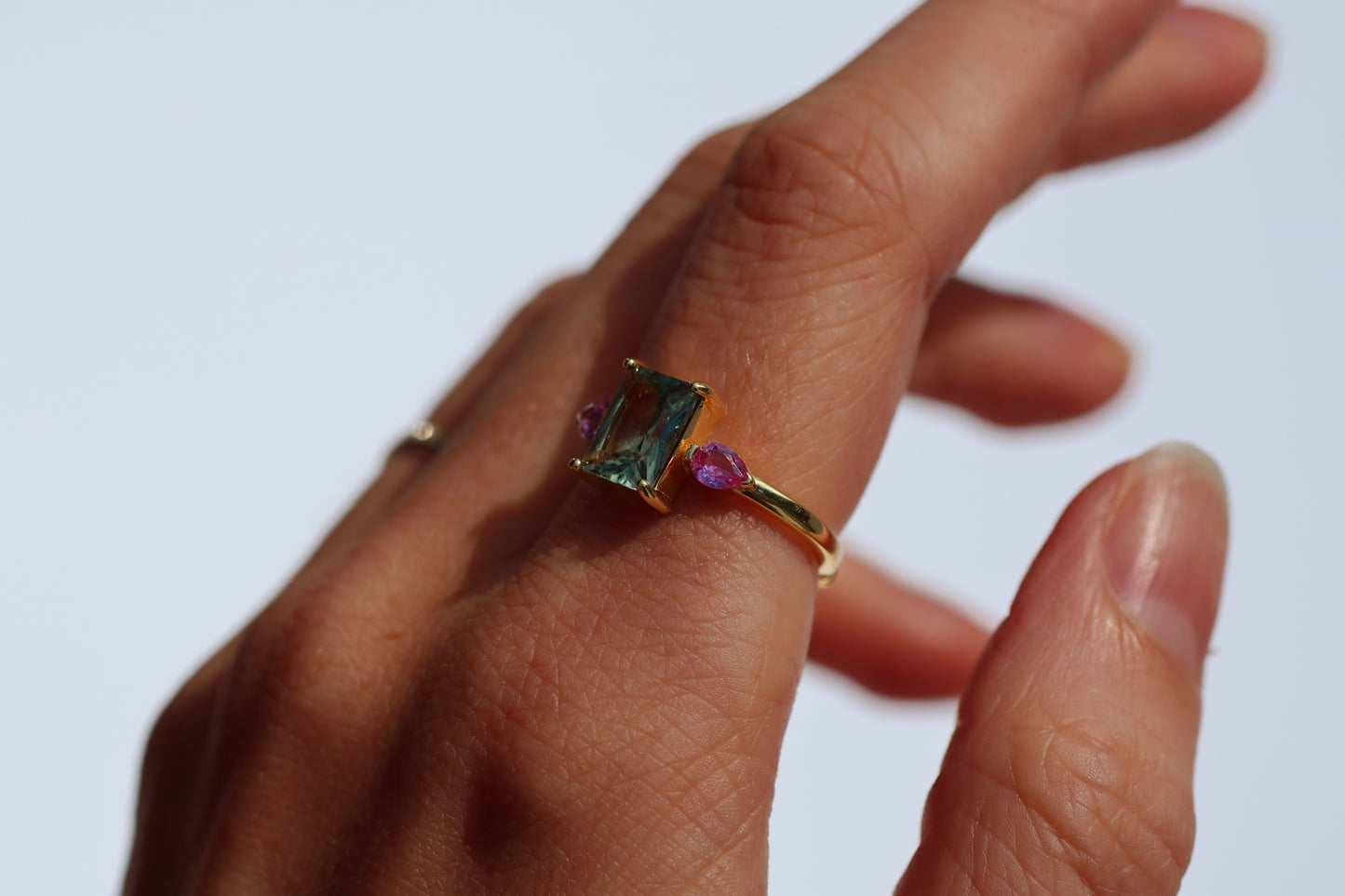 AUDREY - 18K Gold Vermeil AAAAA Green Emerald Cut and Pink Ring