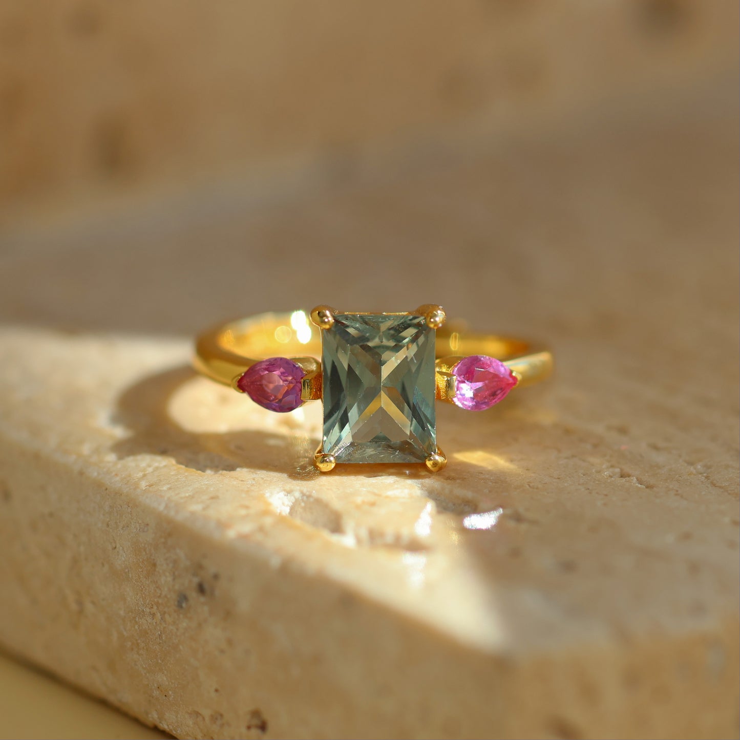 AUDREY - 18K Gold Vermeil AAAAA Green Emerald Cut and Pink Ring