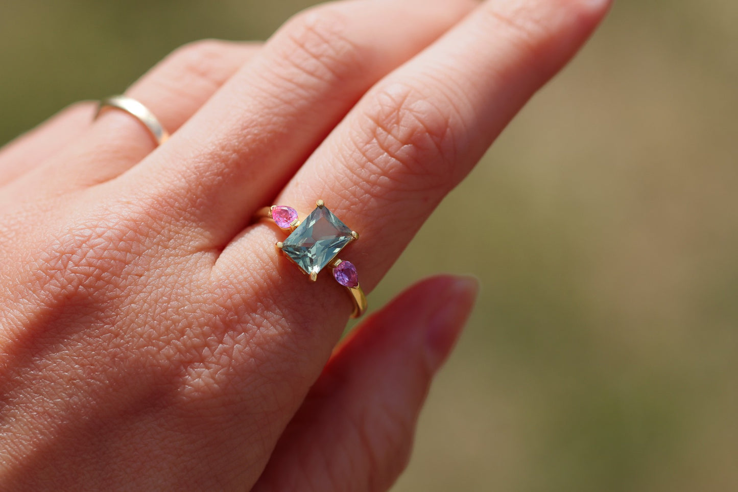 AUDREY - 18K Gold Vermeil AAAAA Green Emerald Cut and Pink Ring