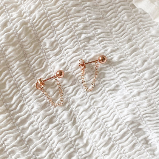 14K Rose gold filled earrings,  Front back chain on studs