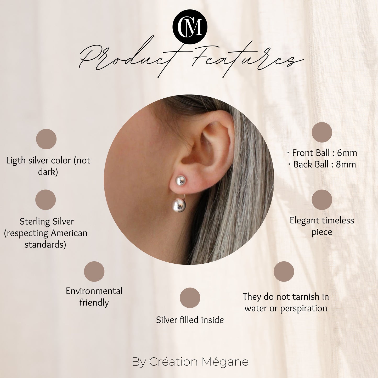 CORINE - Back Earrings in 925 sterling silver · Ear Jacket Double Sphere