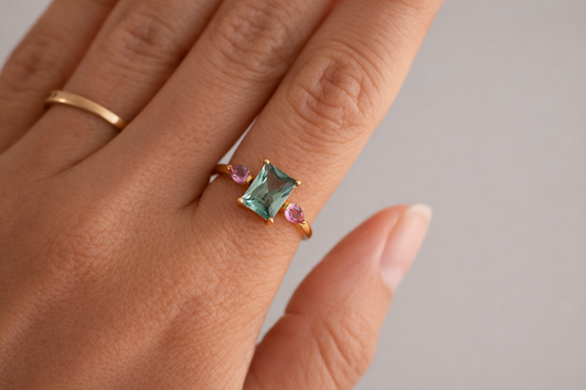 AUDREY - 18K Gold Vermeil AAAAA Green Emerald Cut and Pink Ring