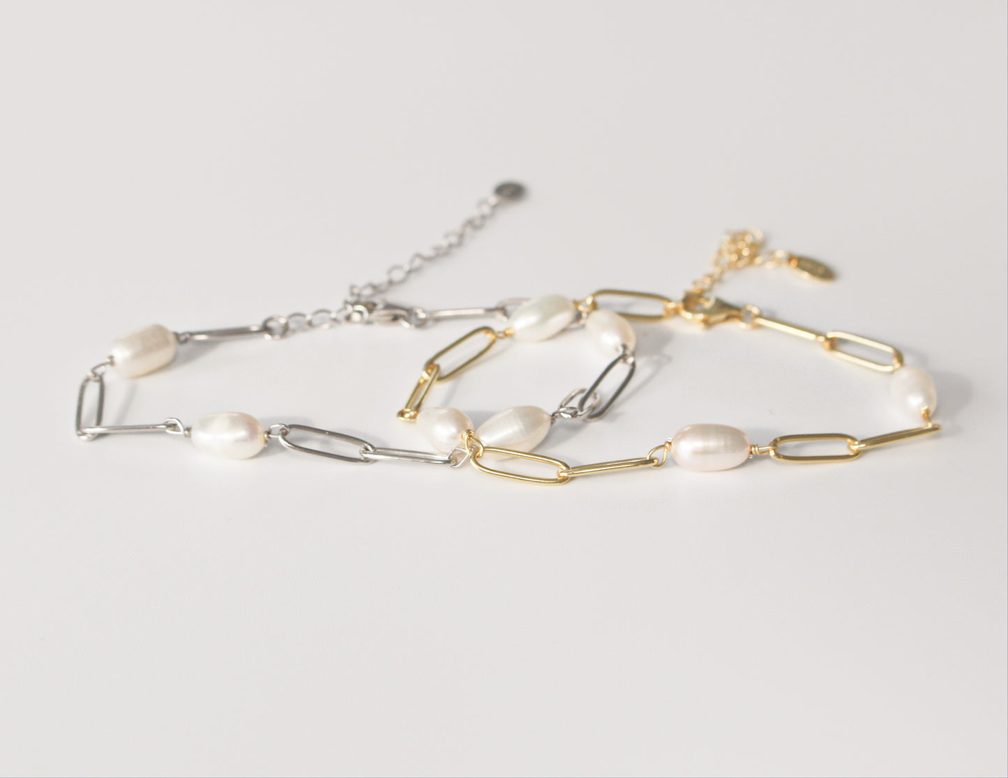 Paperclip Pearl Bracelet in 925 Sterling Silver 14K Gold