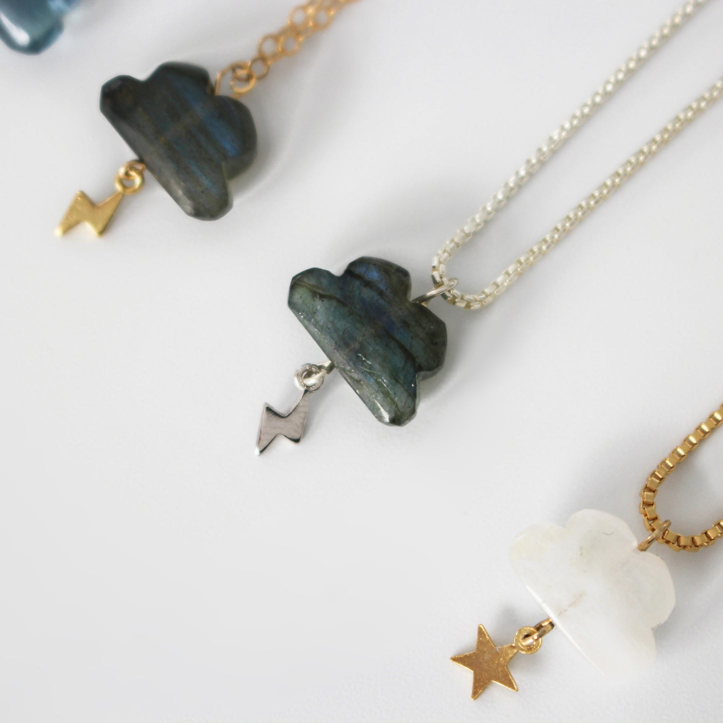 Natural Rainbow Gemstone Cloud with Gold Filled Chain Necklace · Labradorite · Moonstone · Fluorite