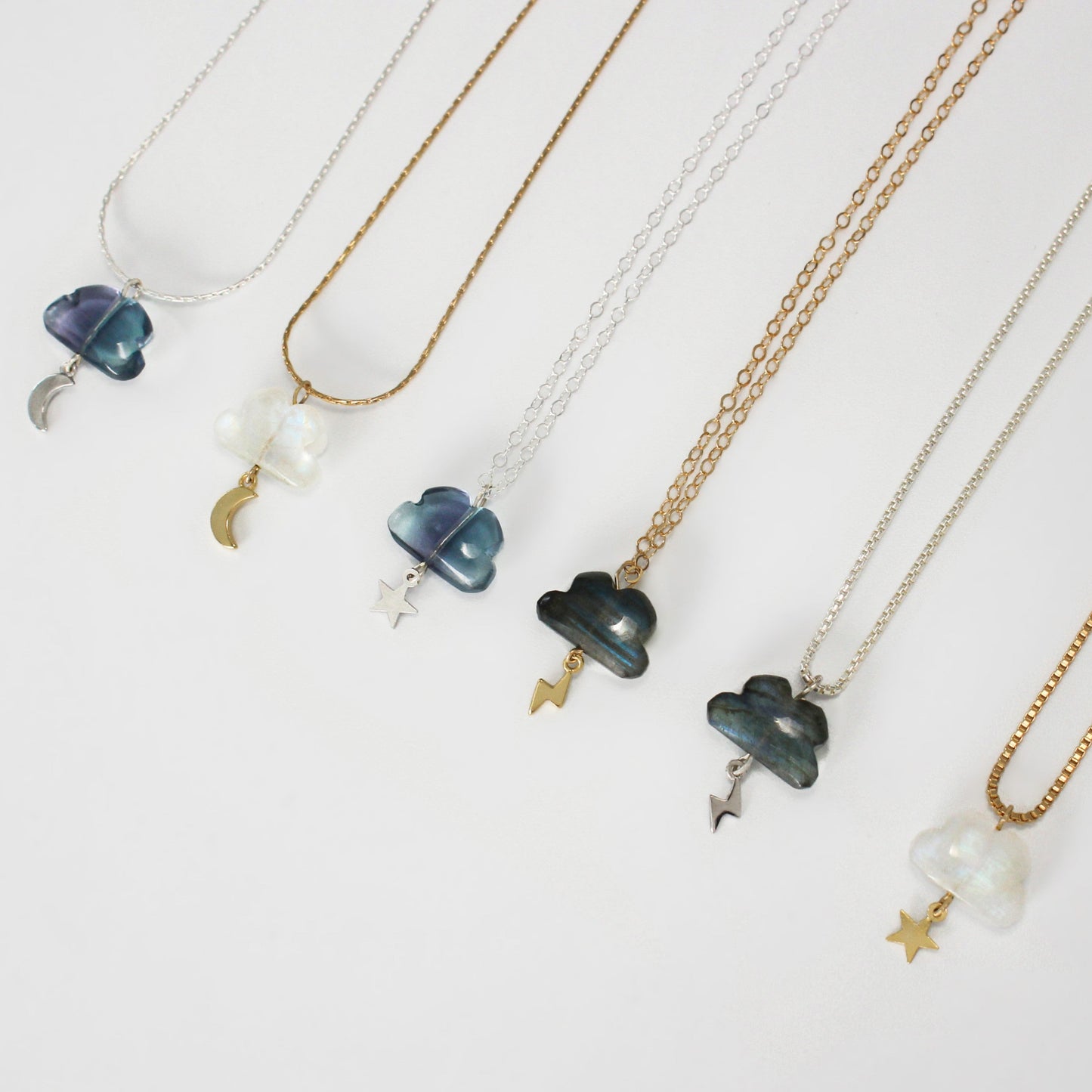 Natural Rainbow Gemstone Cloud with Gold Filled Chain Necklace · Labradorite · Moonstone · Fluorite