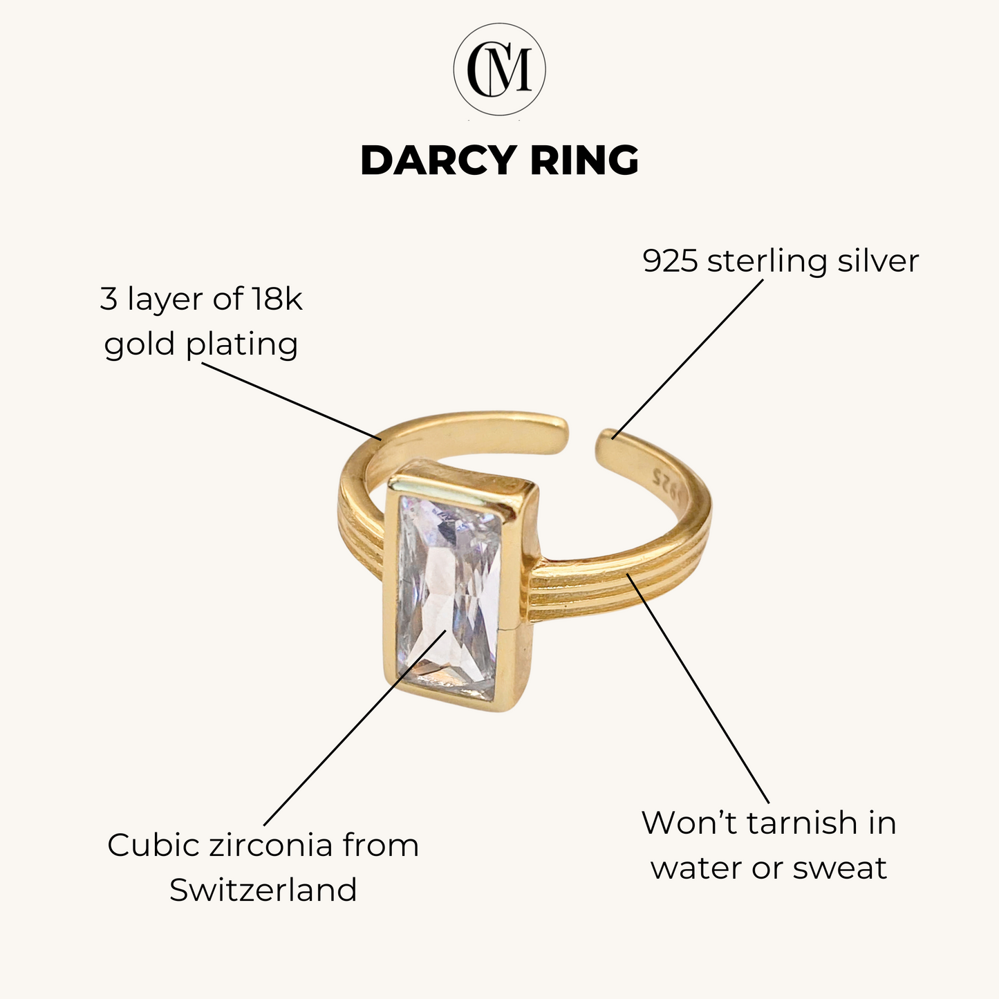 DARCY - 925 Sterling Silver or Gold Elegant Open Baguette Ring For Women