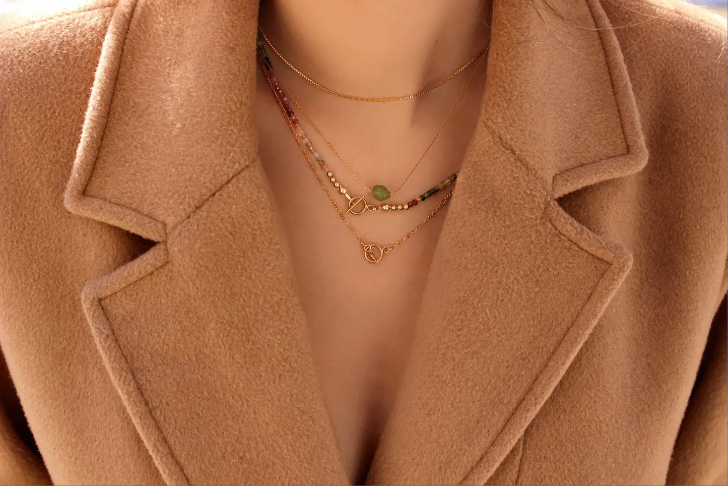 Pink Green Tourmaline Beaded Necklace with 14k Gold Filled Toggle Clasp