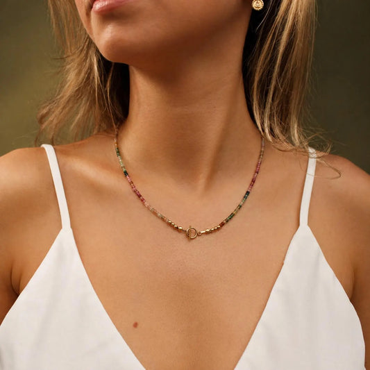 Pink Green Tourmaline Beaded Necklace with 14k Gold Filled Toggle Clasp