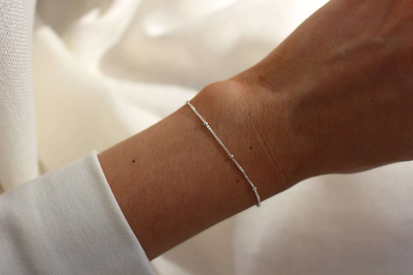 925 Sterling Silver Bracelet ∙ Dainty Satellite Chain ∙ Beaded Box Chain