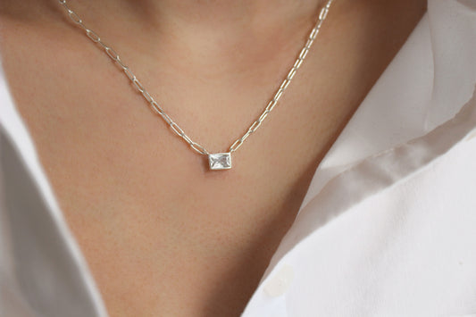 Collier Zircon carré rectangulaire en argent sterling S925 | Chaîne de trombone