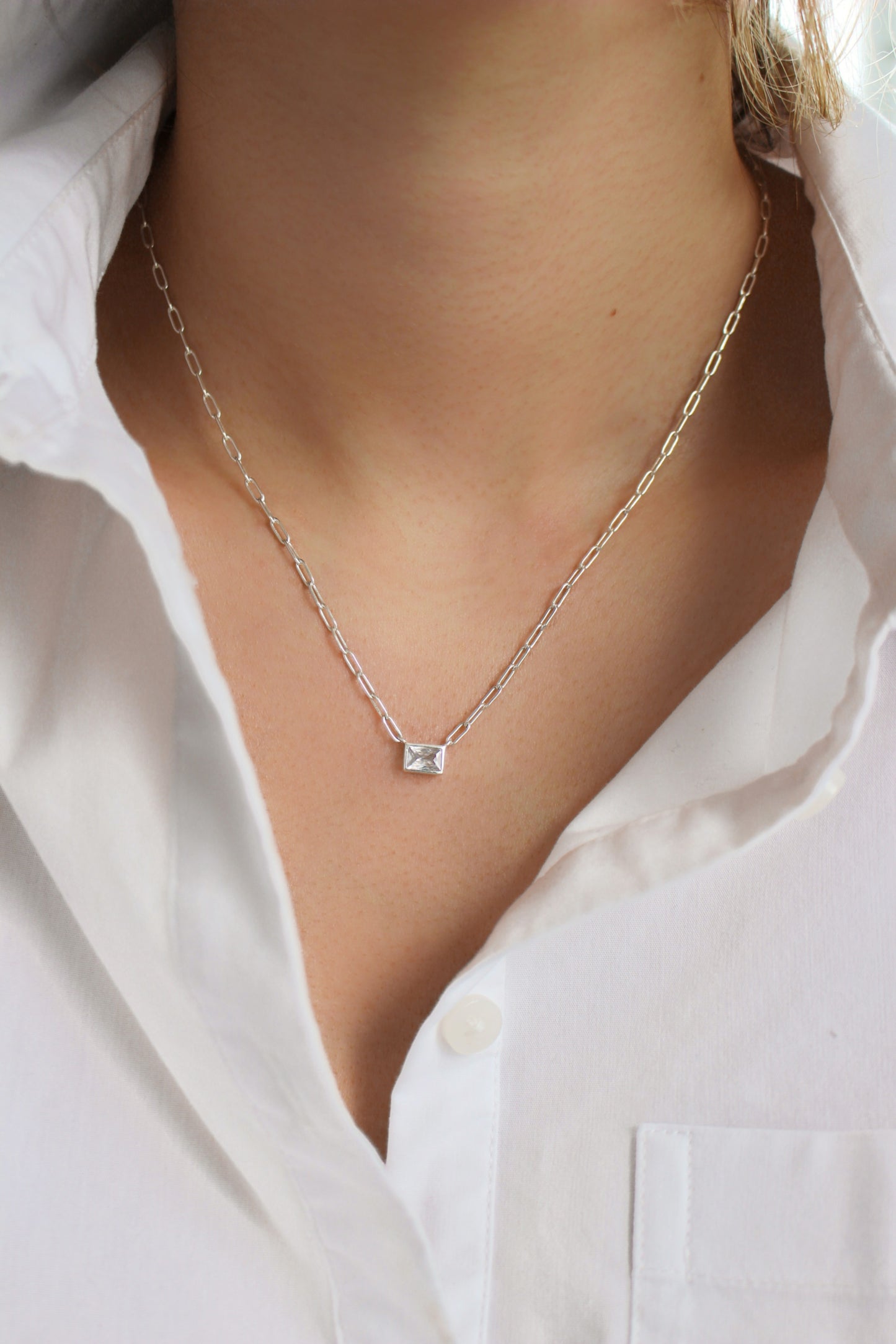Collier Zircon carré rectangulaire en argent sterling S925 | Chaîne de trombone