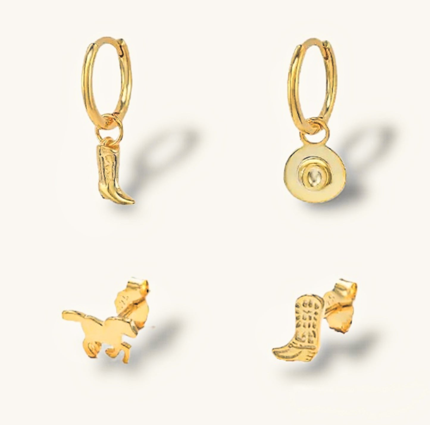 WESTERN - 925 Sterling Silver Country Earrings 18k Set · Cowboy Hat Horse Stud and Hoop