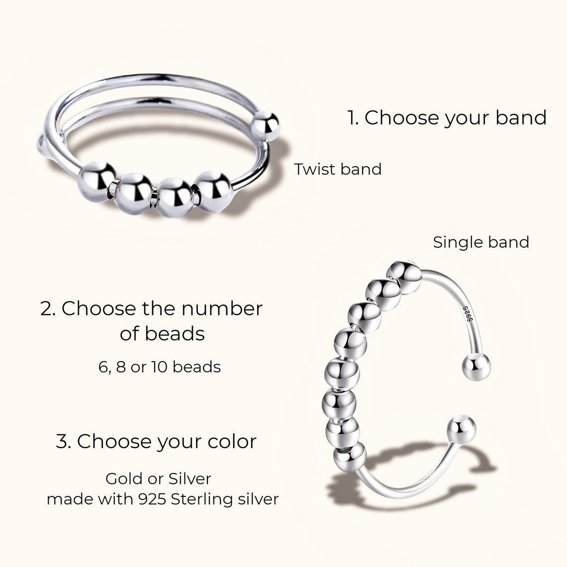 Stress Relief Fidget Ring ∙ Adjustable Twist Beaded Ring in 925 Sterling Silver or 18K Gold