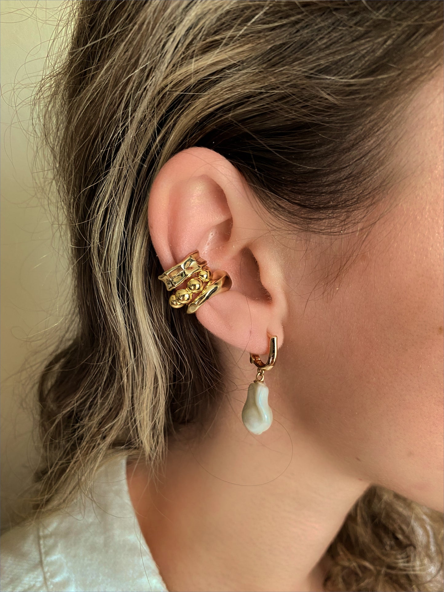 INESS - Manchette d'oreille en argent sterling 925 | Boucles d'oreilles en or à forme organique