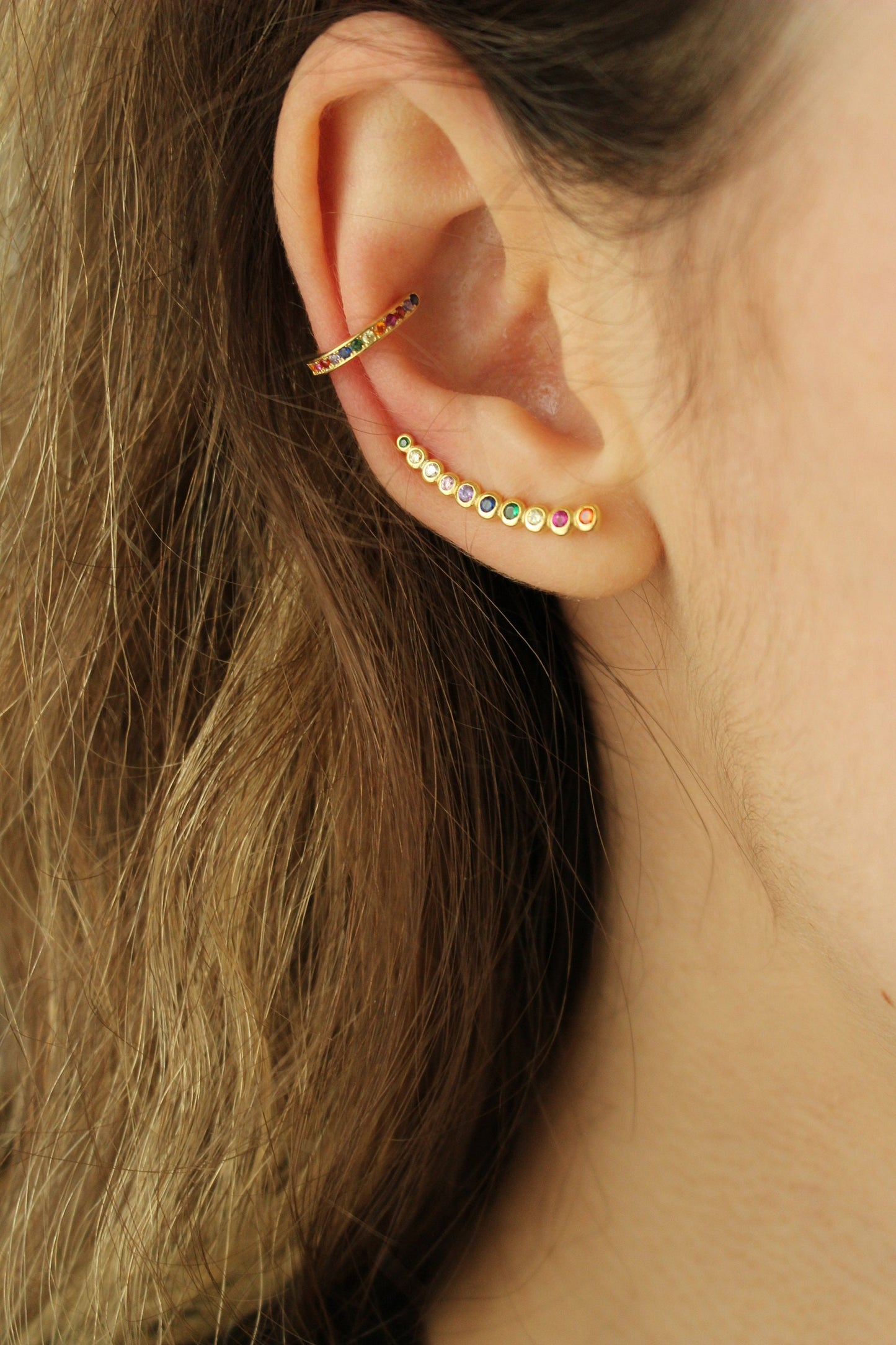 Bague en or ou en argent sterling 925 non percée | EarCuff or et zircon arc-en-ciel | des boucles d'oreilles