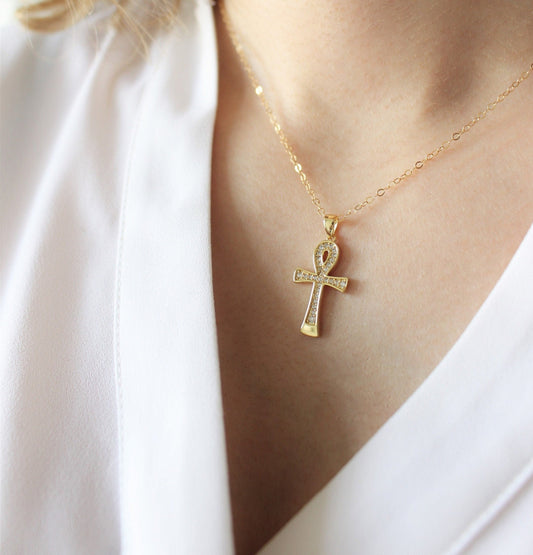 Ankh necklace ∙ Gold filled chain ∙ Paved charm cross zircon ∙ Ansated cross pantheon egypt ∙ 14x29mm