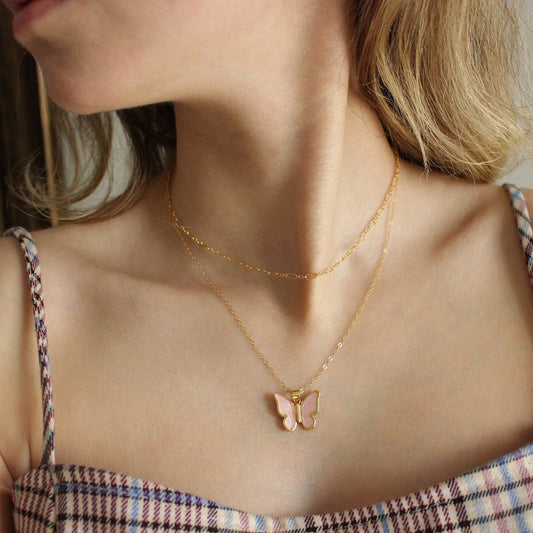 Dainty mariposa - 14k Gold Filled Butterfly Pendant Necklace Charm Love Enamel