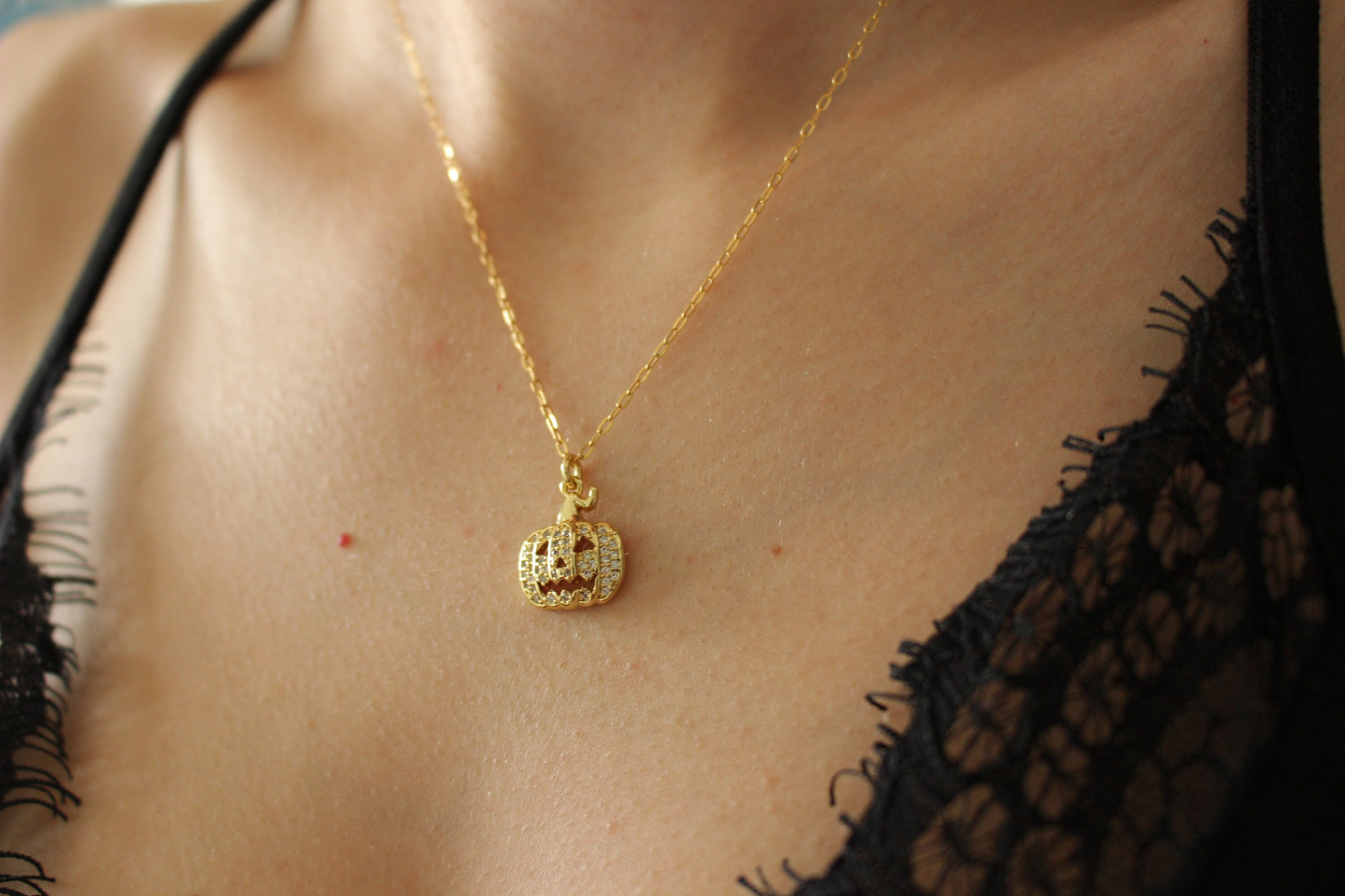 Pumpkin Face Necklace ∙ Cubic Zirconia Pendant Halloween Jack O Lantern