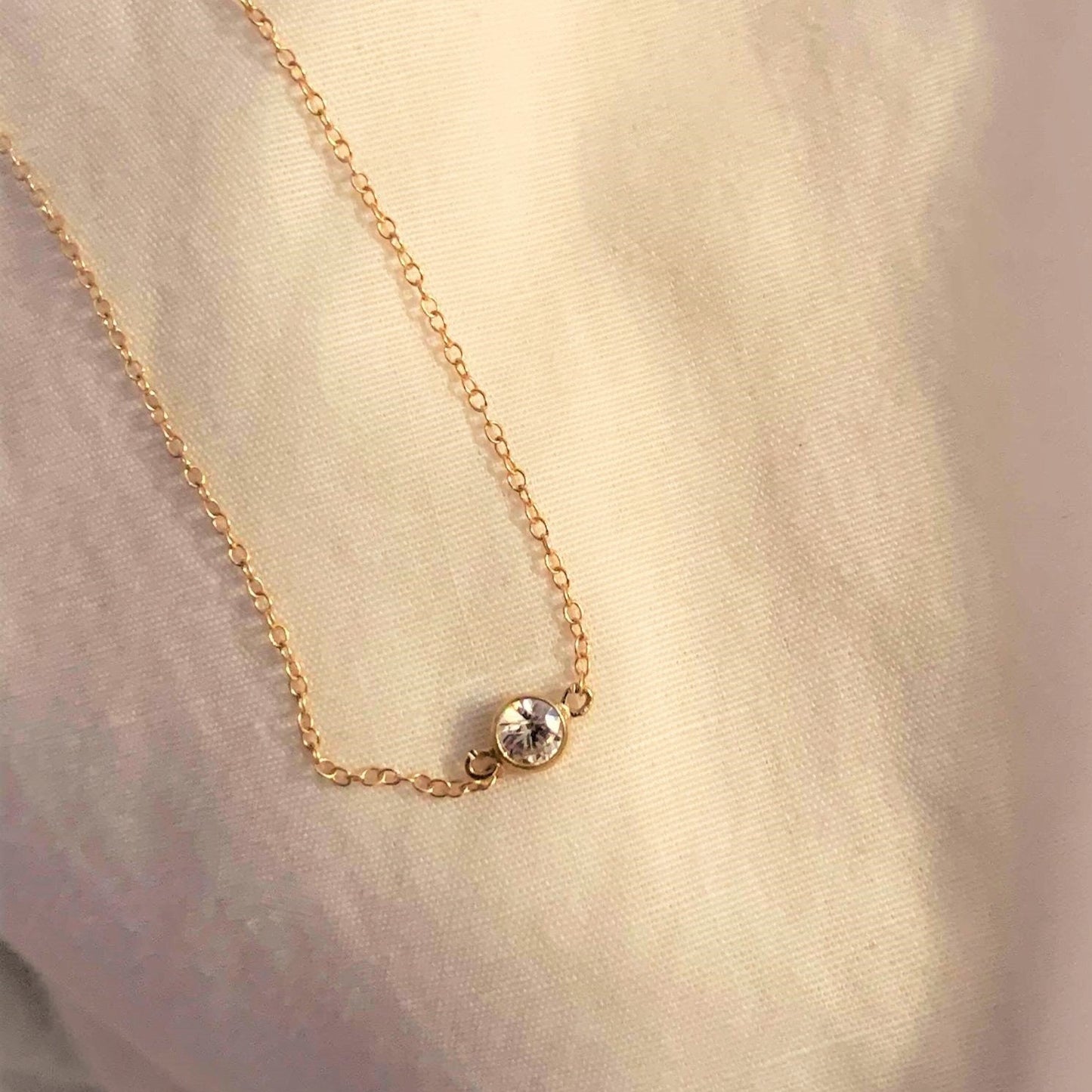 Minimalist small zirconia 14K Gold Filled necklace ∙ Clear Zircon Connector and dainty cable chain