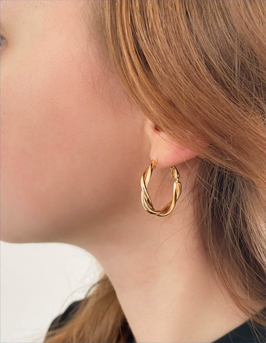 QUEENLY - Twisted Earrings Dipped in 14K Gold · Brioche Gold Hoop · Creoles · Huggies Gift For Women · Durable Lightweight · 1 pair